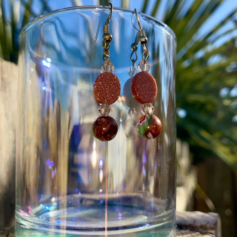 Elegant Goldstone and Milliflori Dangle Earrings handmade